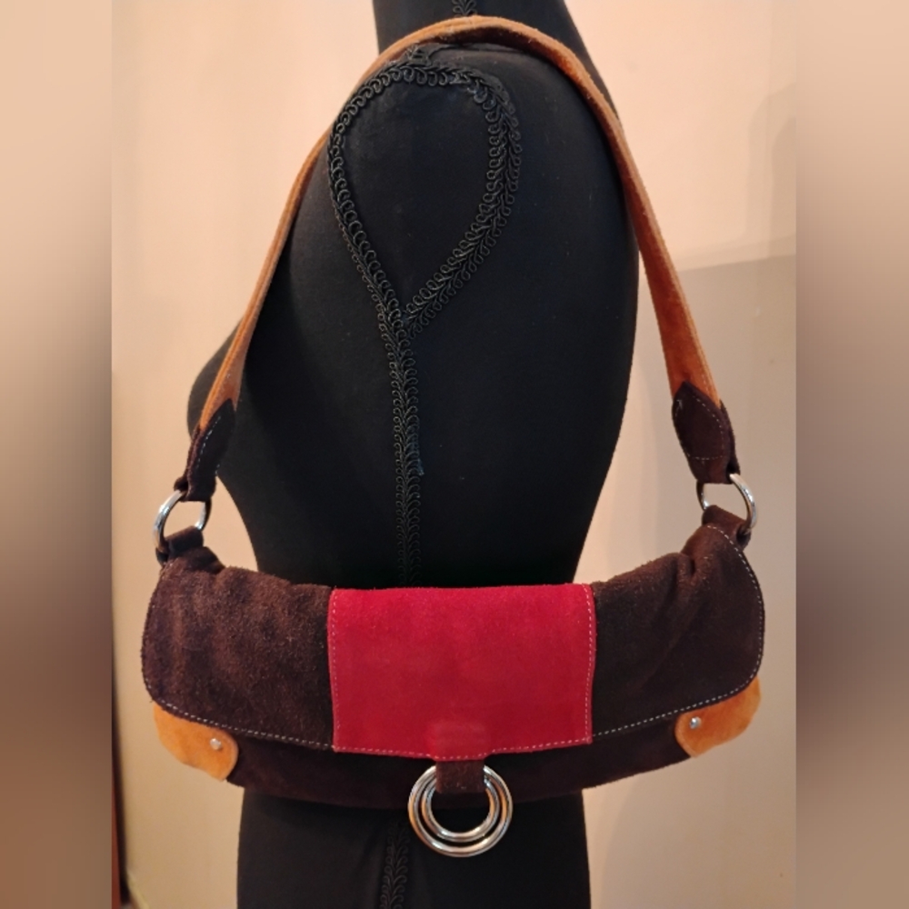 Vintage Y2K Genuine Leather Brown, Tan and Red Shoulder Bag - Picture 10 of 16